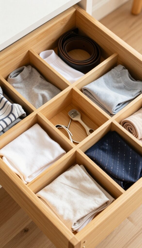 Neatly organized drawer with bamboo dividers and folded clothing items