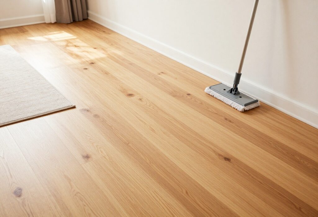 Clean hardwood floor with a microfiber mop and area rug in a bright room