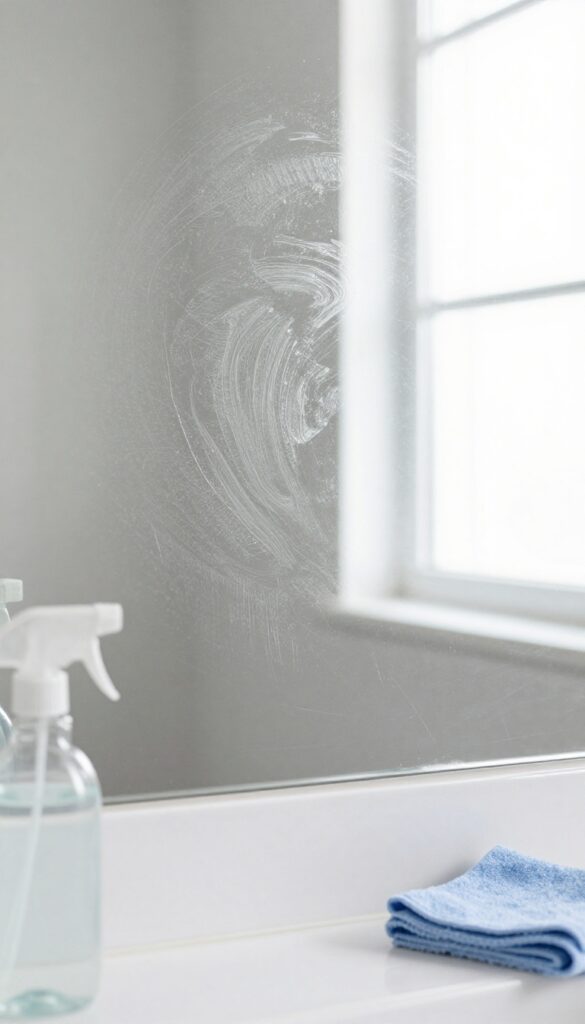 Half-cleaned bathroom mirror with hydrogen peroxide spray and microfiber cloth, showing streak-free shine.