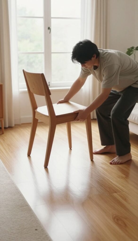 Person lifting a chair above vinyl plank floor to demonstrate lifting instead of dragging