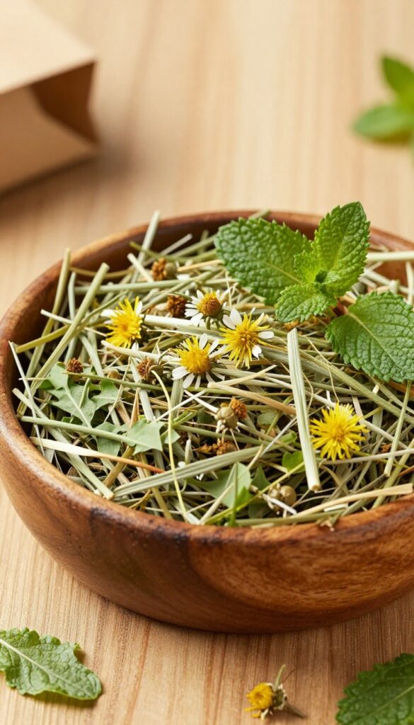 A rustic wooden bowl filled with a mix of timothy hay and dried herbs, placed on a wooden table with natural light.
