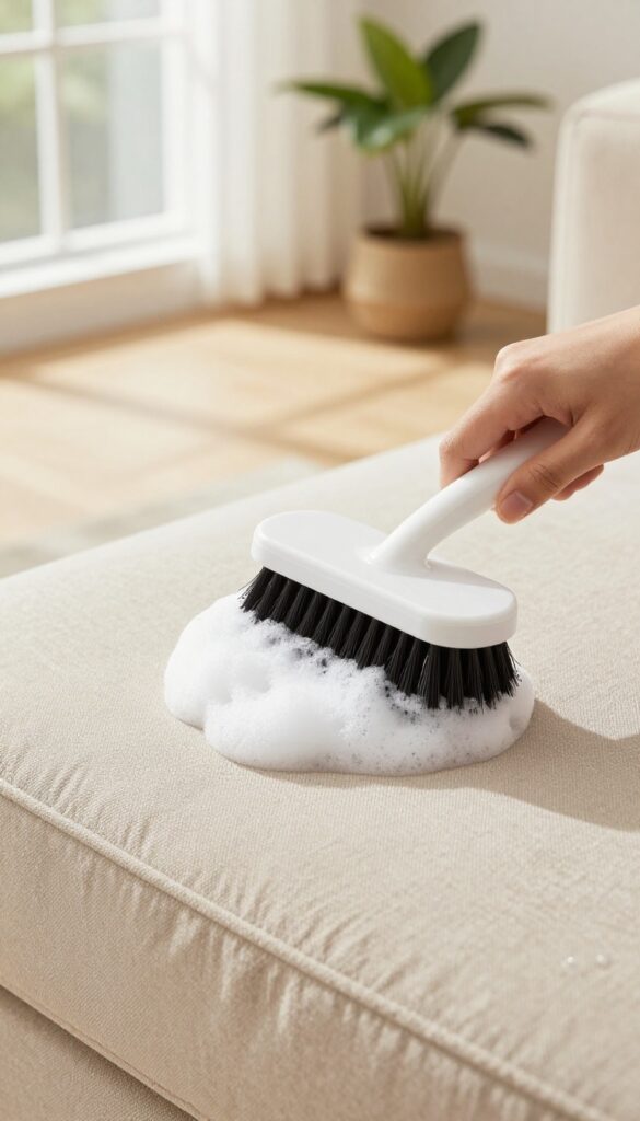Close-up of a beige microfiber couch being cleaned with a soft brush and white upholstery shampoo foam in bright natural light
