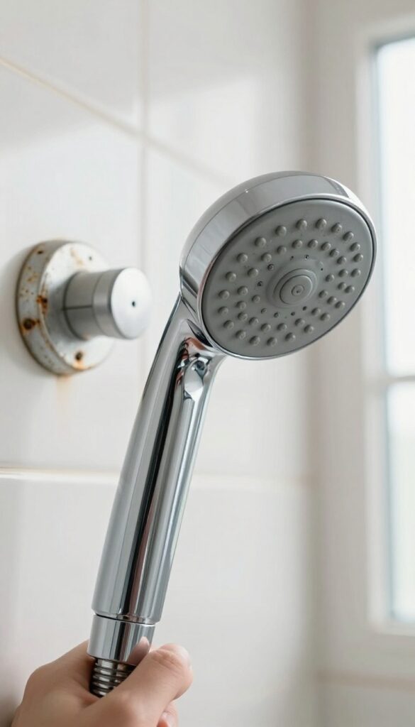 Hand holding a new chrome shower head next to an old corroded one on a tiled wall