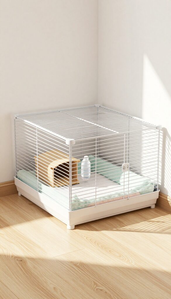 Triangular guinea pig cage in a room corner with fleece bedding, hideout, hay rack, and water bottle, bathed in natural light.
