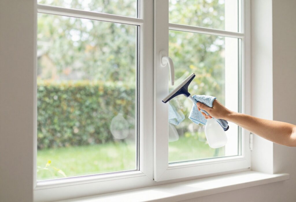 Person cleaning a large window with a microfiber cloth, sunlight streaming through sparkling glass into a bright room