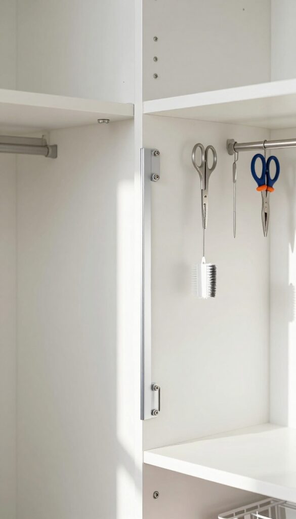 A magnetic strip mounted on a closet wall holding metal cleaning tools like scissors and tweezers