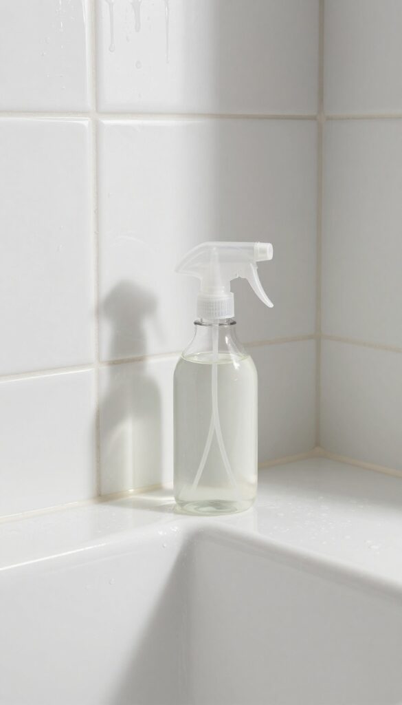 Shower tiles being misted with vinegar spray to prevent mildew, bright and clean bathroom setting.
