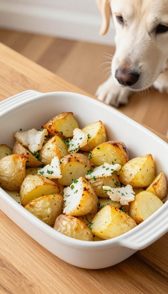 Baked potato and white fish casserole in a baking dish, with a dog eating from a bowl nearby, homemade dog meal prep.