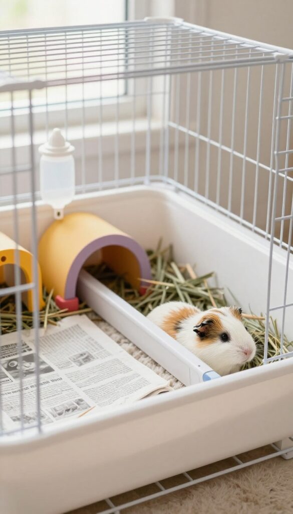 Guinea pig cage with easy-clean tray system, removable tray, fleece bedding, hideout, hay rack, and water bottle in bright natural light.