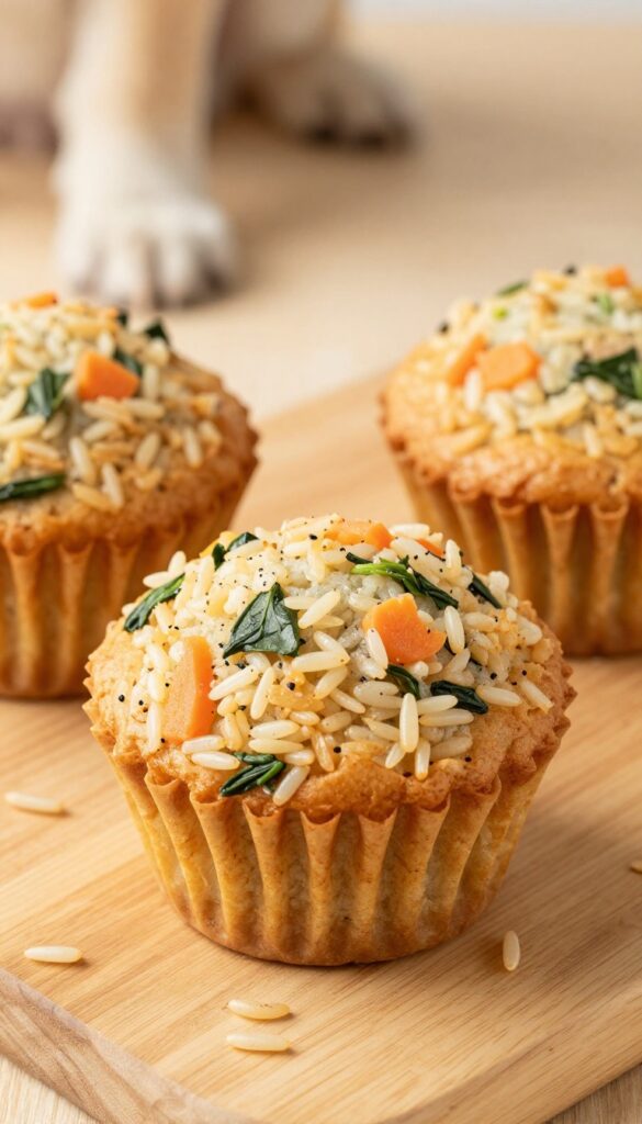 Homemade beef and rice meal muffin for dogs, baked in a muffin tin, with spinach and carrots, on a wooden surface.