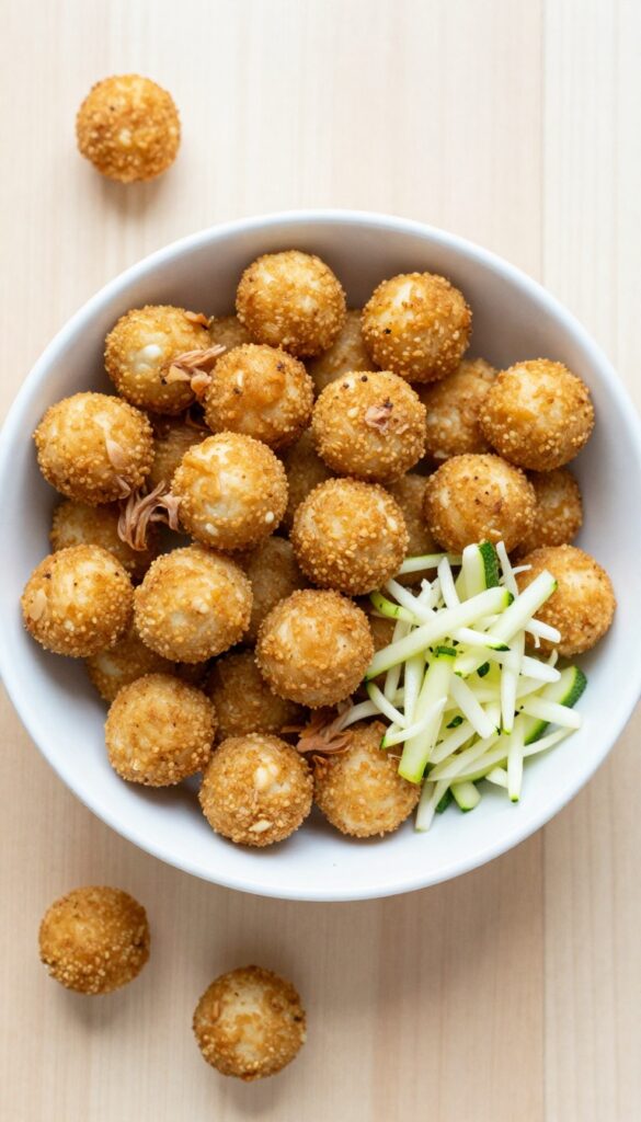 Homemade tuna and zucchini dog food nuggets in a bowl on a wooden table, with grated zucchini nearby.