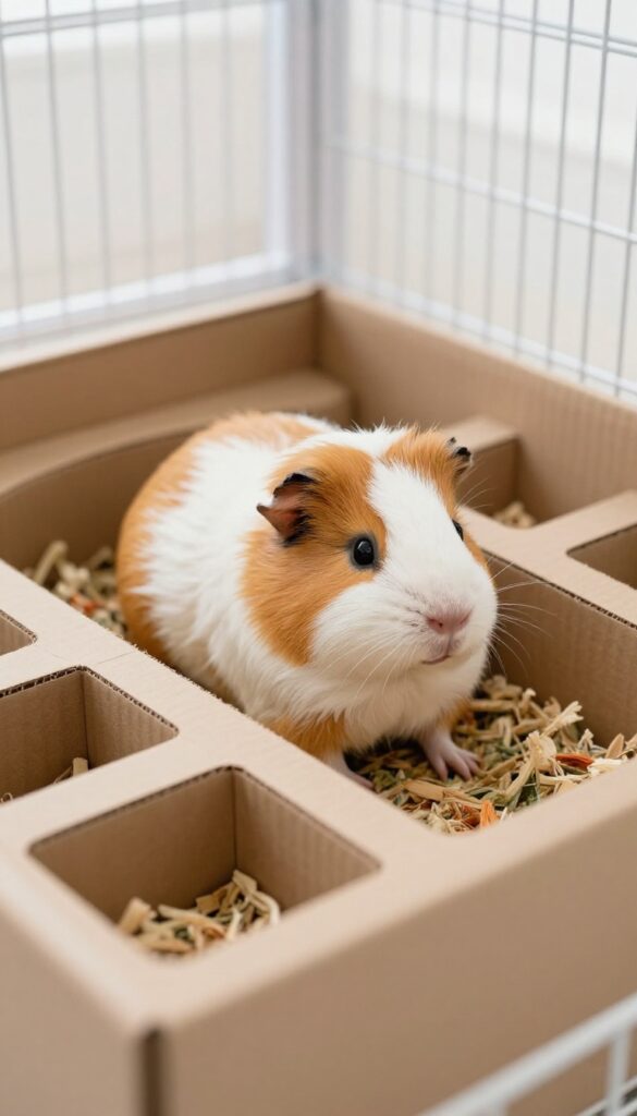 A guinea pig resting in a cardboard box maze with soft bedding