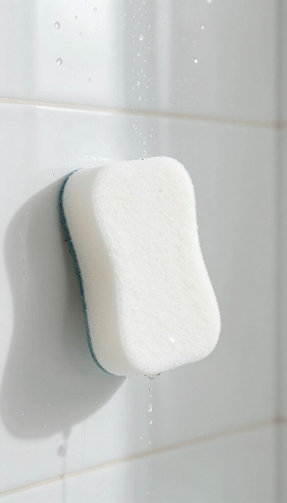 Hand wiping a glass shower door with a white Magic Eraser sponge, sparkling clean glass, bright natural light