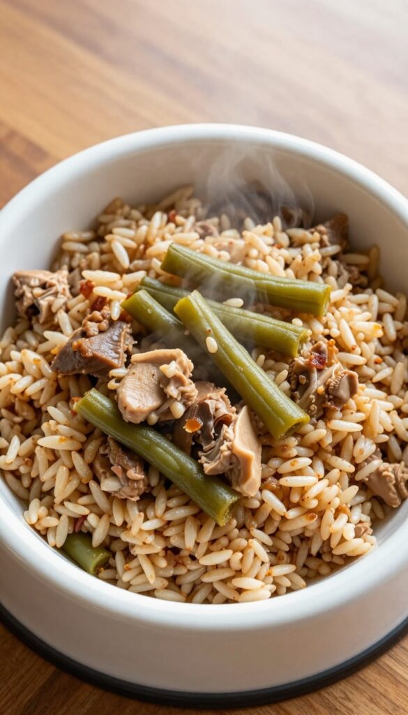 Homemade dog food bowl with turkey gizzards, brown rice, and green beans