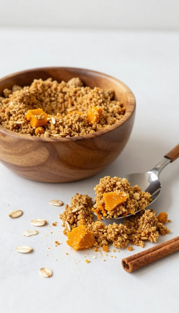 Homemade pumpkin and cinnamon dog food topper crumble in a bowl next to a dog bowl of kibble.
