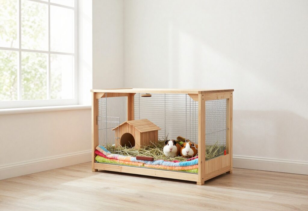 Indoor guinea pig habitat with fleece bedding, hideouts, and hay in a well-lit room.