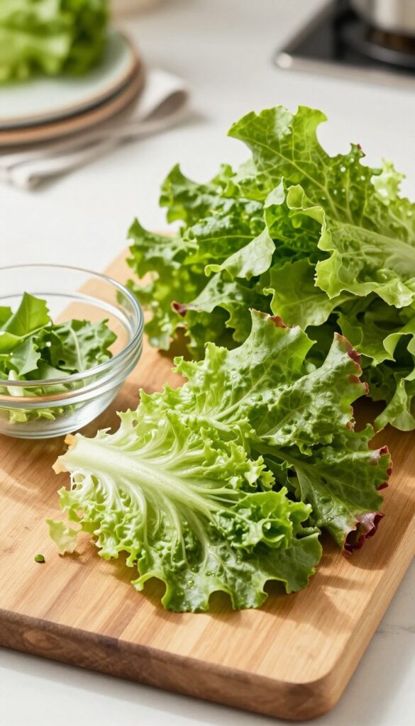 Fresh romaine and red leaf lettuce on a cutting board with a glass bowl, bright natural light, photorealistic.