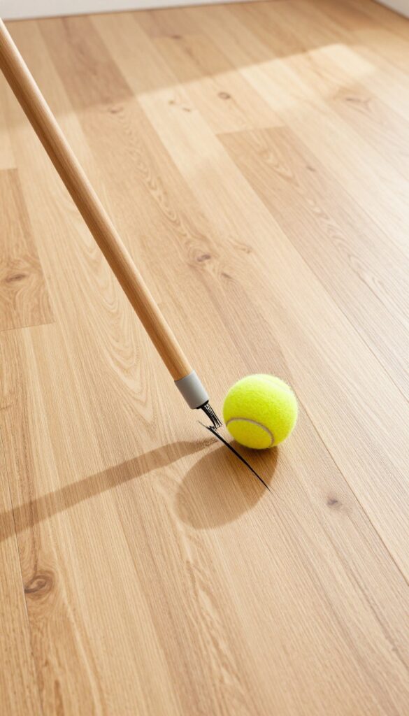 Cleaning scuff marks off hardwood floor with a tennis ball on a broom handle