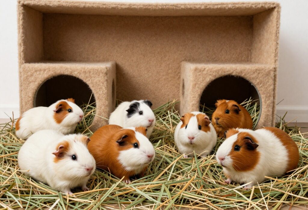 Guinea pig habitat with hideouts and hay areas