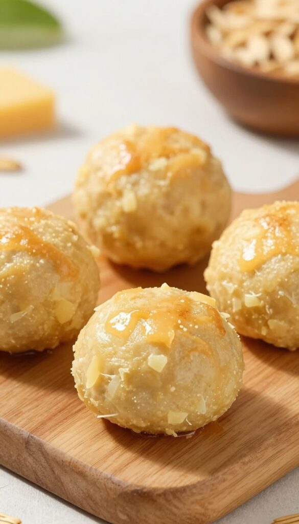 Homemade cheesy meat bites for dogs, baked golden brown on a wooden board.