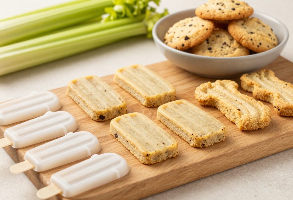 Homemade celery dog treats including frozen pupsicles, baked biscuits, and fresh celery sticks on a wooden board.