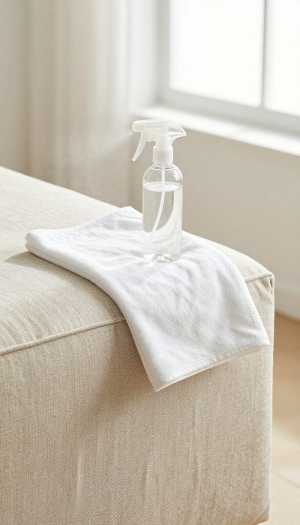 Close-up of a beige linen couch cushion being misted with white vinegar solution from a spray bottle, with a microfiber cloth nearby, in bright natural light.