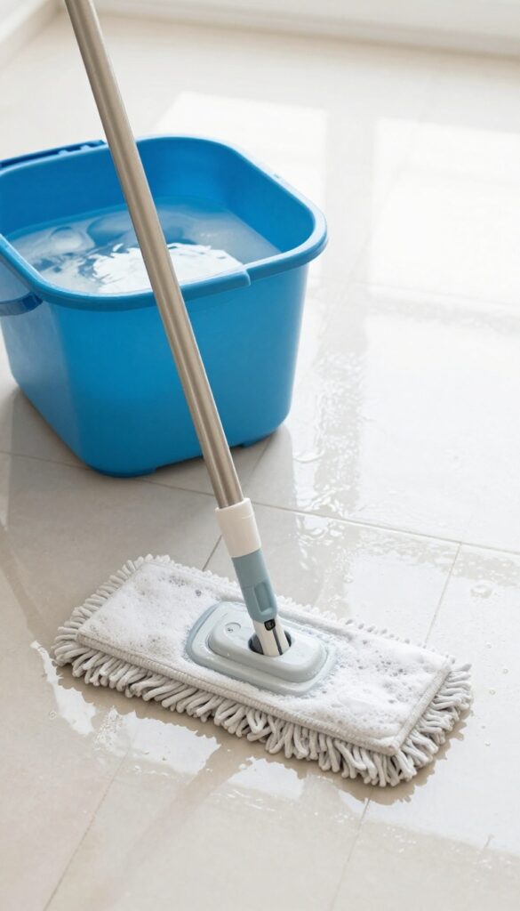 Two buckets for mopping tile floor with cleaning solution and rinse water