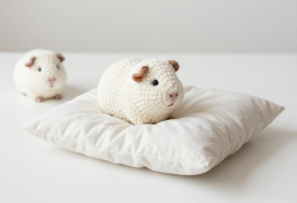 Crochet guinea pig amigurumi with yarn and hook on table