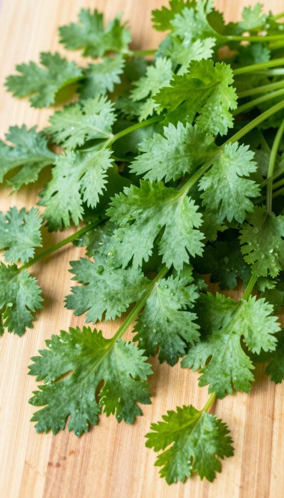 Fresh cilantro sprigs on a wooden cutting board