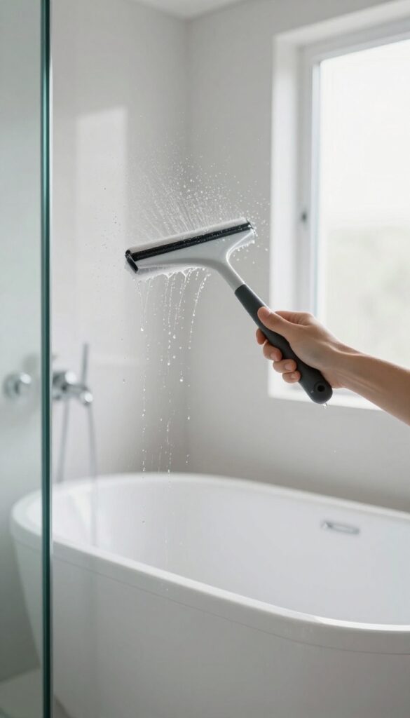 Person using a squeegee on a wet bathtub wall to prevent water spots and soap scum