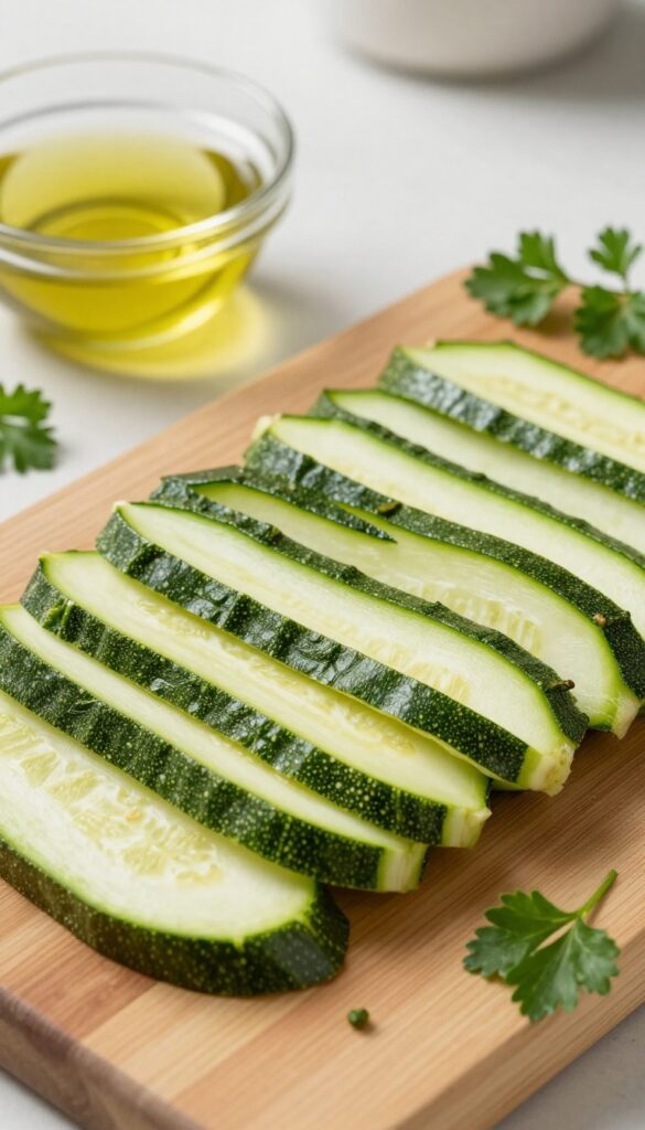 Homemade dehydrated zucchini chews for dogs, arranged on a wooden cutting board with fresh parsley and olive oil.