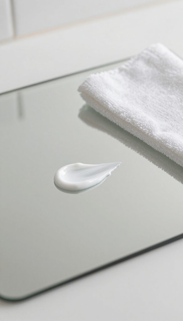Close-up of a mirror with cornstarch paste applied to a stubborn spot, with a microfiber cloth nearby for buffing.