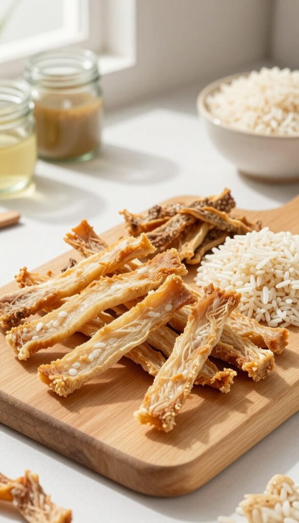Homemade pork and rice dehydrated chews for dogs, arranged on a wooden cutting board in natural light.