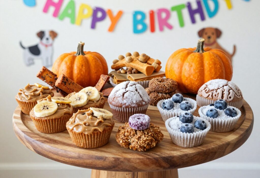 Assorted homemade dog treats on a platter for a dog party, including pupcakes, chews, bites, and frozen pops.
