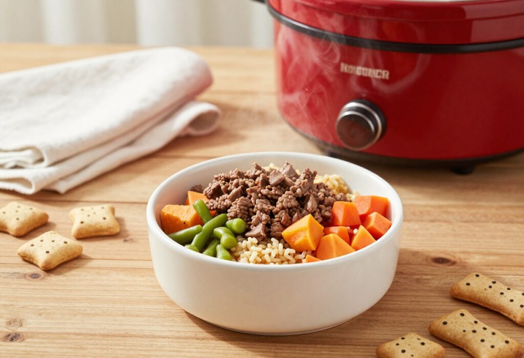 Homemade crockpot dog meal with beef, sweet potato, and vegetables in a dog bowl next to a slow cooker.