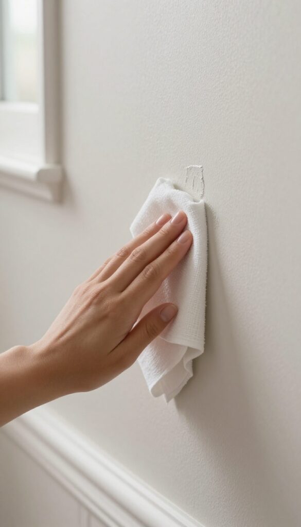Person testing cleaning solution on a hidden spot on a wall with a white cloth, near baseboard, soft natural light, photorealistic home cleaning scene.