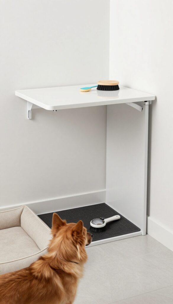 Fold-down grooming table in a small laundry room with dog bed and play area