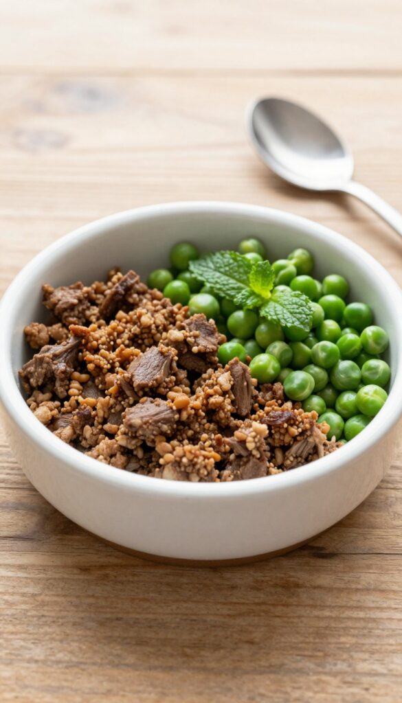Small bowl of homemade dog lunch with ground lamb, peas, and mint on a wooden table