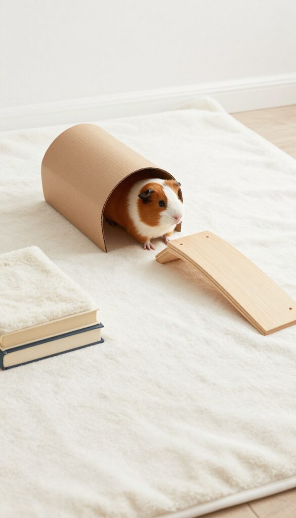 Guinea pig exploring a homemade obstacle course with cardboard tunnel and low ramp on a fleece blanket.