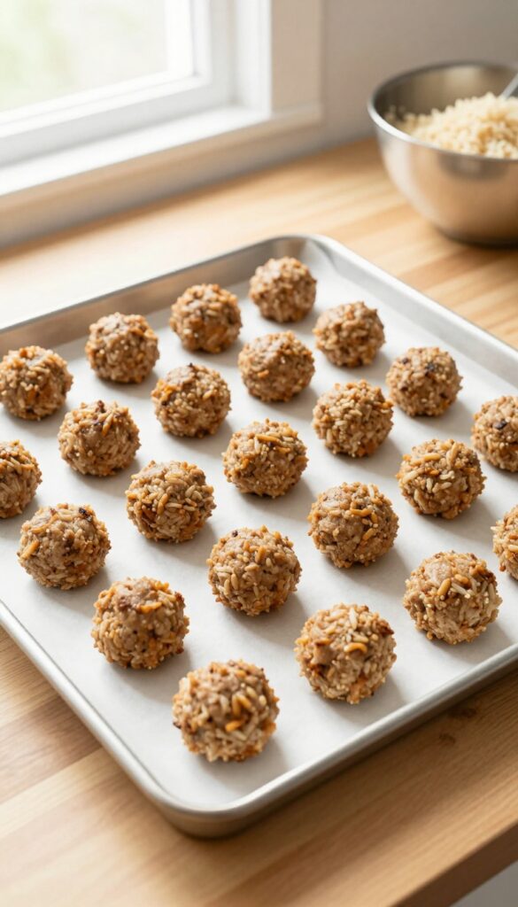 Homemade turkey and rice dog meatballs on a baking sheet, natural light, soft texture, dog treat preparation.