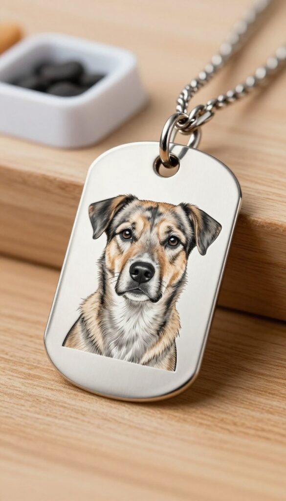 Photo engraved dog tag with laser-etched dog portrait on metal
