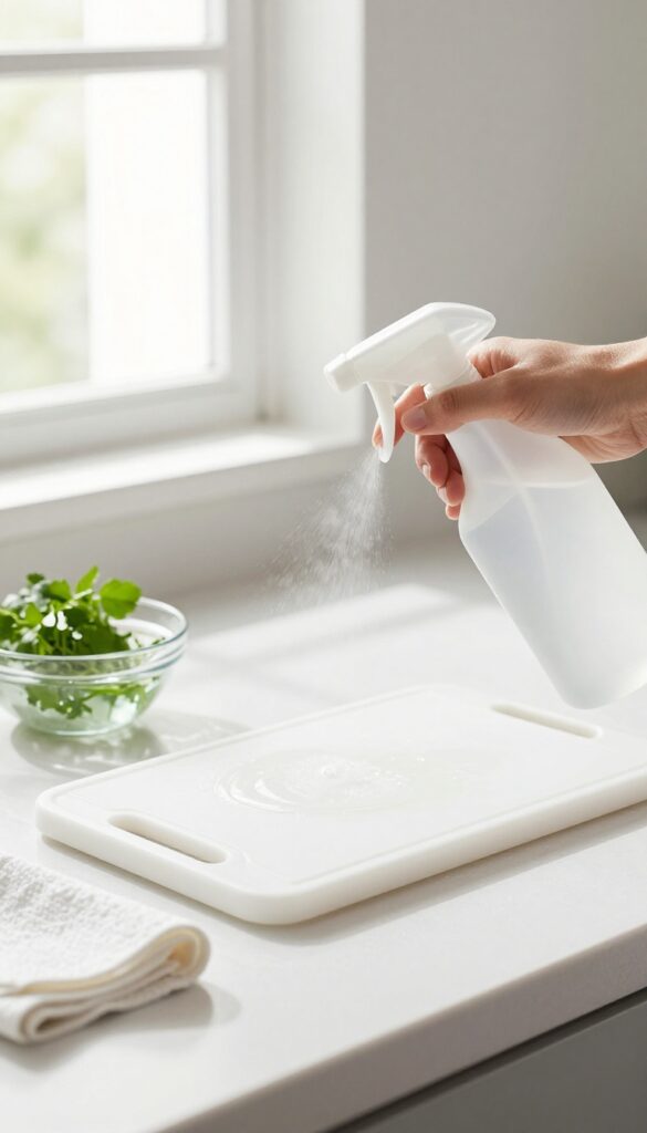 Hydrogen peroxide being sprayed on a cutting board for natural disinfection.
