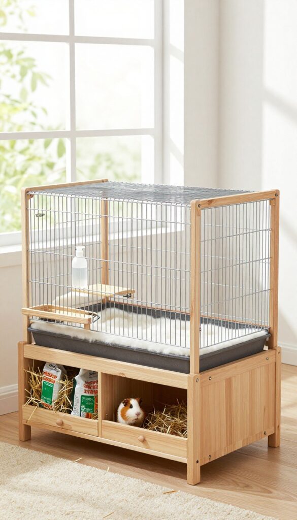 Guinea pig enclosure with built-in storage drawers and shelves beneath the cage, holding hay, bedding, and supplies