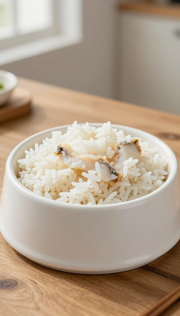 Homemade steamed pollock and rice dog food bowl on a wooden table, natural light, photorealistic pet food photography.