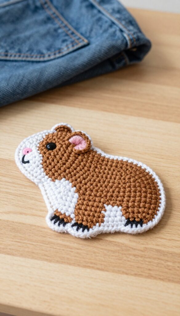 Flat crochet guinea pig applique on wooden table beside denim jacket