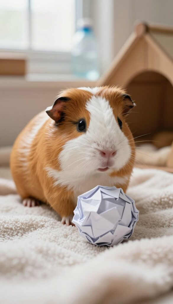 A guinea pig pushing a crumpled paper ball on a soft blanket in a sunlit enclosure.