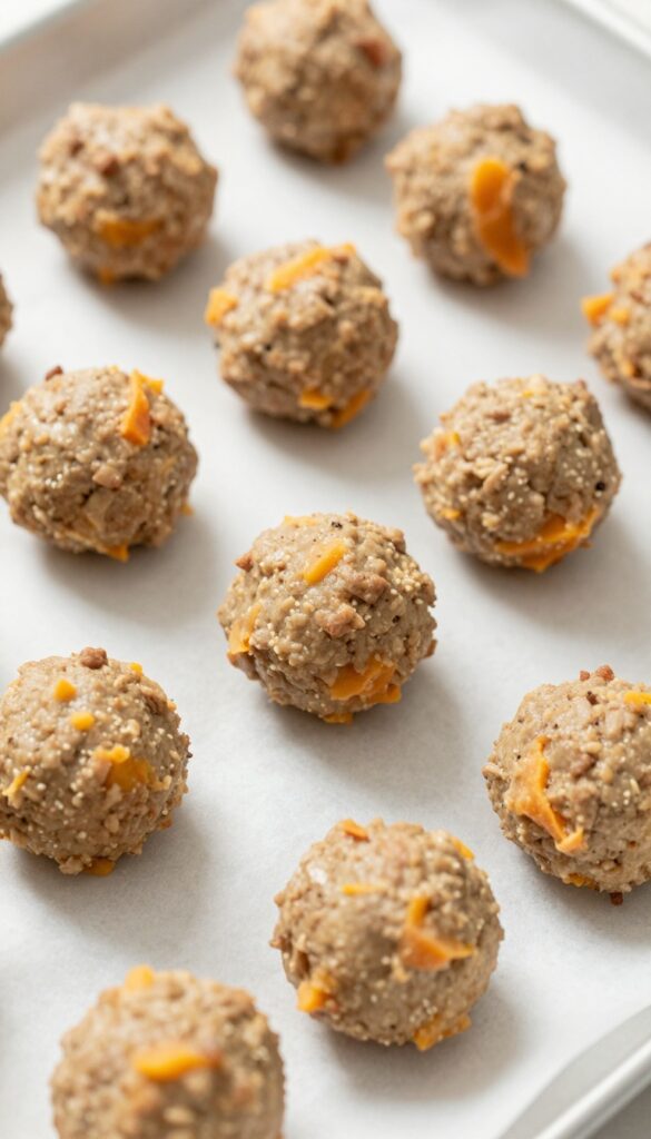 Homemade beef and sweet potato dog meatballs baked on a parchment-lined baking sheet, golden brown and chewy, perfect for training treats.