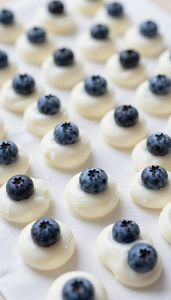 Blueberry and yogurt frozen dots arranged on a dog snuffle mat for a cooling enrichment treat.