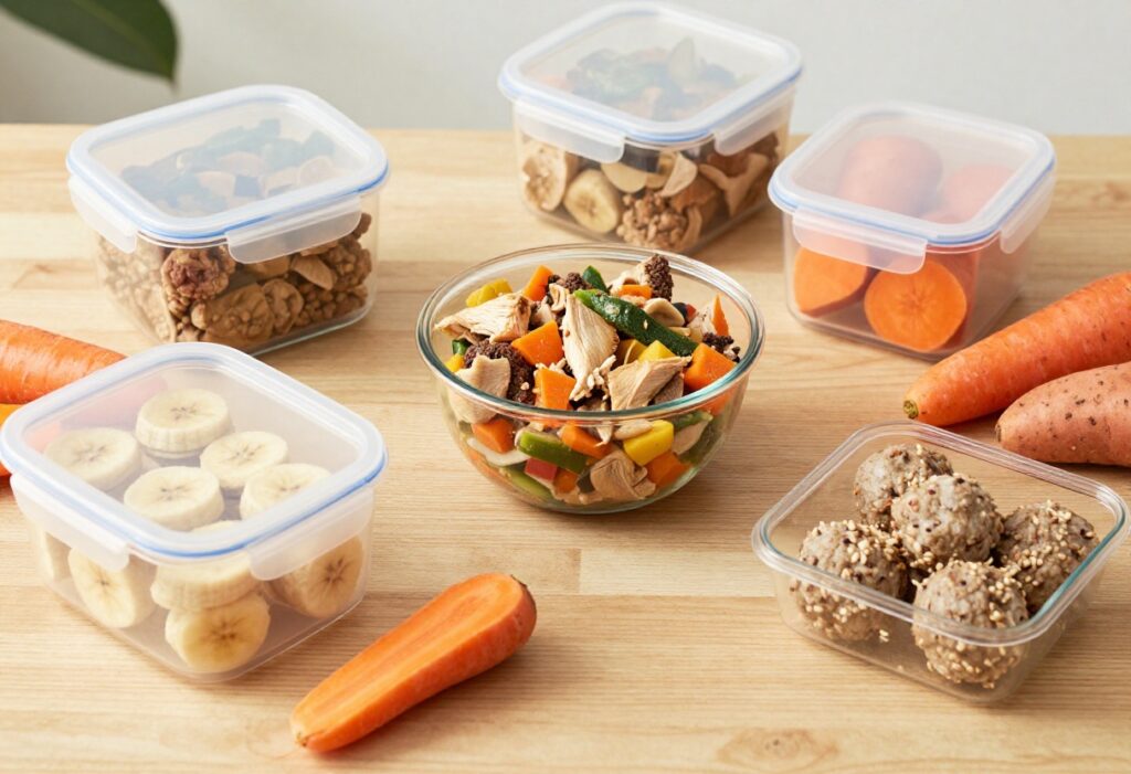 Homemade dog meal prep containers with chicken stew, peanut butter banana bites, and turkey meatballs on a wooden table.