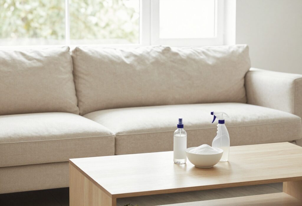 Clean beige couch in a sunlit living room with cleaning supplies on a coffee table
